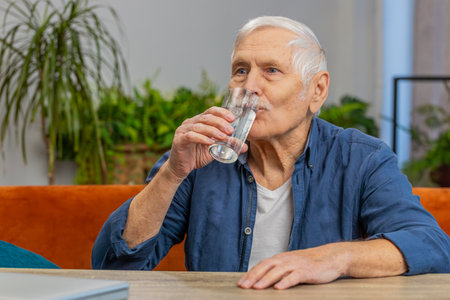 Thirsty senior man hold glass of natural filtered aqua make sips drinking still water preventing dehydration. Water after reverse osmosis filter. Grandfather with good life habits healthy lifestylesの写真素材