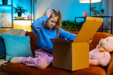 Angry dissatisfied shopper child girl unpacking parcel feeling upset and confused with wrong mistake...