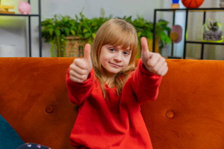 Like. Happy young Caucasian child girl looking approvingly at camera showing thumbs up like sign positive something good, positive feedback. Female teenager kid at home in living room sits on sofaの写真素材