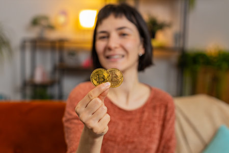 Portrait of smiling Caucasian woman holding two golden bitcoins BTC, looking at camera. Happy surprised girl stock trader showing thumbs up sitting on sofa in living room at home. Increasing wealth.の写真素材