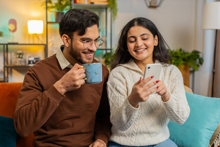 Cheerful young Hispanic couple experiencing fun, amusement as they browse social media applications together on smartphone. Happy girlfriend boyfriend talking on sofa in room drinking tea or coffeeの写真素材