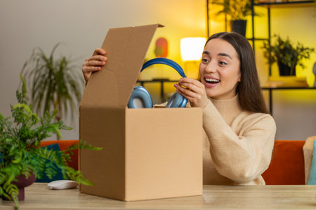 Happy Caucasian young woman unpacking delivery parcel sitting at home. Smiling satisfied girl...