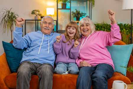 Happy Caucasian grandparents and granddaughter watching TV shouting, celebrating success, winning,...