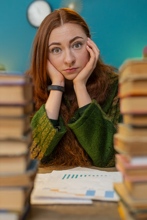 Exhausted Caucasian businesswoman looking at documents reports while working hard at home office...