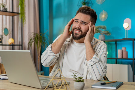 Tired ill businessman suffering from headache problem tension and migraine, stress at home office...