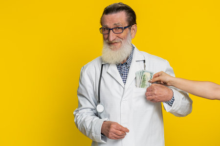 Senior speaker doctor cardiologist man receiving bribe from patient taking money from client hiding...