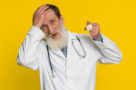 Mature doctor cardiologist man with anxiety checking time on pocket watch, running late to work being in delay deadline. Pharmacy old grandfather worrying to be punctual isolated on yellow backgroundの写真素材
