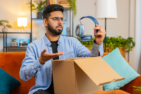Dissatisfied annoyed Indian male customer open cardboard box receive damaged broken wireless...