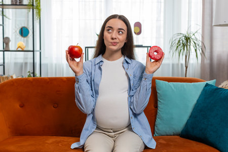 Choosing right nutrition. Confused young pregnant woman comparing sweet donut and ripe apple and shrugging shoulders in uncertainty. Future mother girl hesitates choosing between dessert and fruit.の写真素材