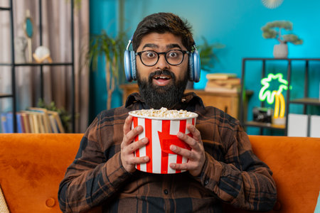 Relaxed Indian young man eating popcorn and watching movie wow expression sitting on sofa in living room at home. Happy Hispanic guy in casual clothes enjoying film during weekend in apartment room.の写真素材