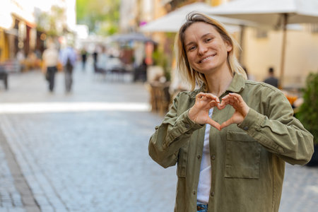 I love you. Young woman makes symbol of love, showing heart sign to camera, express romantic feelings, express sincere positive feelings. Charity, gratitude, donation. Outdoors on urban city street.の写真素材