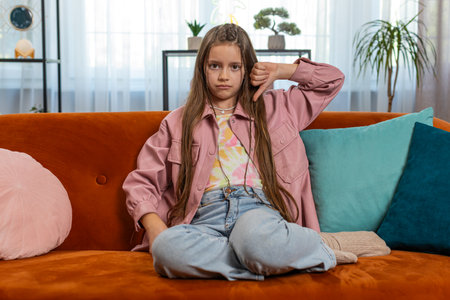 Dislike. Upset girl child showing thumbs down sign gesture, expressing discontent, disapproval, dissatisfied bad work at modern home apartment indoors. Displeased teenager kid in living room on sofa.の写真素材