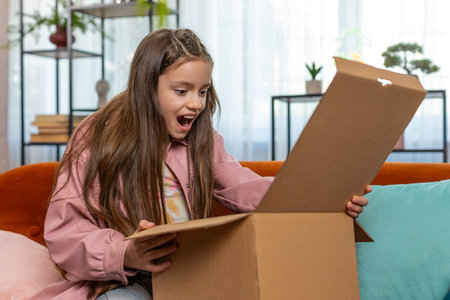 Happy amazed young child kid girl unpacking delivery parcel. Surprised satisfied teen shopper, online shop customer opening cardboard box receiving purchase gift by fast postal shipping at home.の写真素材