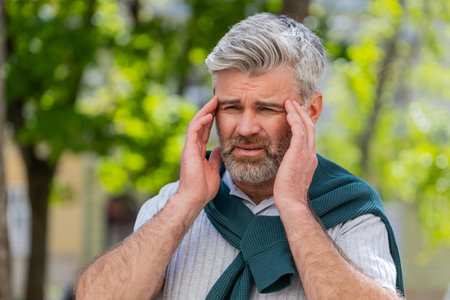 Displeased exhausted Caucasian man rubbing temples to cure headache problem suffering from tension migraine stress. Mature bearded guy tourist grimacing, pain standing on city urban street town.の写真素材