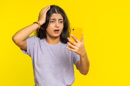 Upset sad Indian woman use smartphone typing browsing, play game, loses, surprised by sudden lottery results bad fortune loss fail unlucky news. Arabian Hindu girl isolated on yellow backgroundの写真素材
