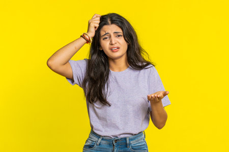 Sad young Indian woman feeling hopelessness loneliness, nervous breakdown loses becoming surprised by lottery results bad fortune loss unlucky news. Attractive Hindu girl isolated on yellow backgroundの写真素材