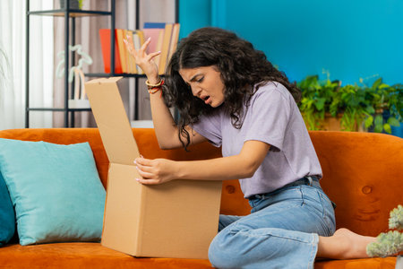 Angry dissatisfied shopper Indian woman unpacking parcel feeling upset and confused with wrong mistake delivery from an online store, bad quality broken purchase at home. Girl indoors in room on couchの写真素材
