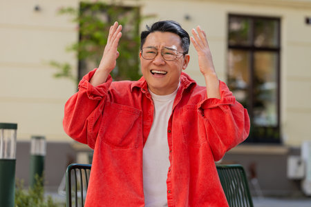 An Asian middle-aged man stands on an urban city street, appearing frustrated and depressed.の写真素材
