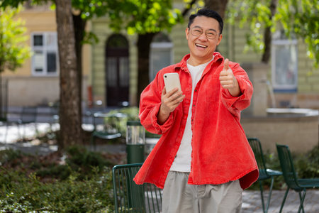 Like. Happy Asian middle-aged man raises thumbs up agrees with something gives positive reply recommends advertisement good idea feedback, celebrating success victory outdoors. Guy on city street.の写真素材
