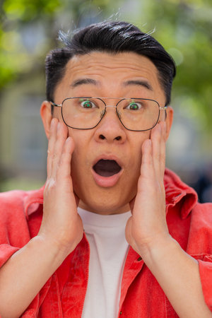 Oh my God, Wow. Asian middle-aged man looking surprised at camera with big open eyes shocked by victory game winning, lottery goal achievement, good news outdoors. Chinese guy on urban city streetの写真素材