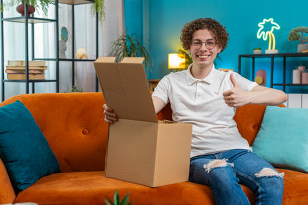 Happy young man unpacking delivery parcel sitting at home apartment on sofa. Smiling satisfied guy shopper online shop customer opening cardboard box receiving purchase gift by fast postal shipping.の写真素材