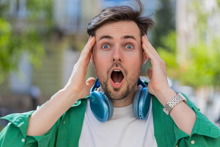 Oh my God, wow. Caucasian young man looking surprised at camera with big open eyes, shocked by...