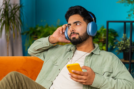 Happy relaxed overjoyed Indian Arabian man in wireless headphones dancing on couch at home choosing listening favorite energetic disco pop music in smartphone entertaining. People weekend activitiesの写真素材