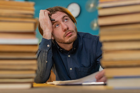 Exhausted Caucasian businessman moving stacks of books and reviewing documents reports working hard...