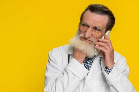 Disinterested elderly doctor cardiologist man having annoyed boring talk on smartphone. Tired sleepy apothecary pharmacy grandfather freelancer talking on mobile phone with friend on yellow backgroundの写真素材