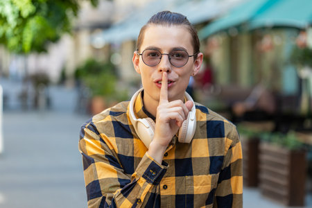 Shh be quiet please. Young man presses index finger to lips making silence hush gesture sign do not...