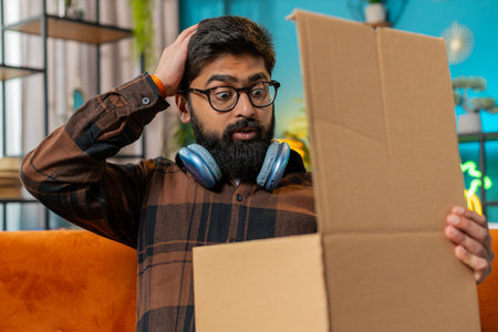 Frustrated dissatisfied shopper Indian man unpacking parcel feeling upset, confused with wrong...
