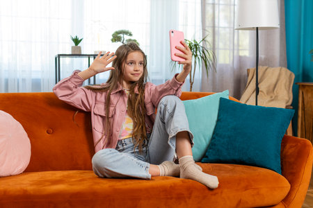 Happy young girl blogger taking selfie on smartphone, communicating video call online with social...