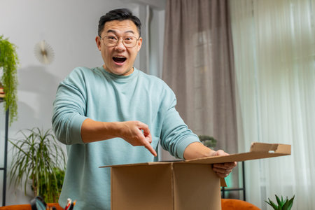 Happy Asian mature man unpacking delivery parcel at home. Smiling satisfied Chinese middle-aged guy...