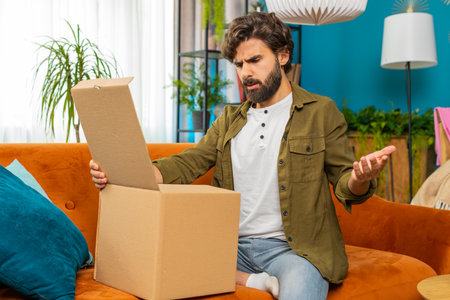 Angry dissatisfied shopper man unpacking parcel feeling upset and confused with wrong mistake...