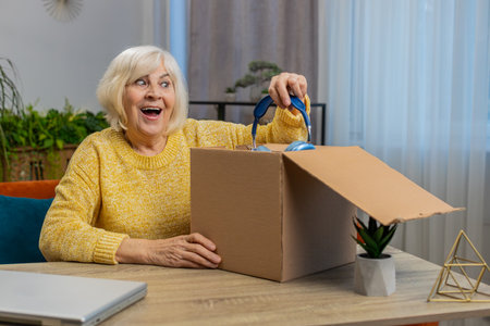 Happy senior woman unpacking delivery parcel with headphones at home. Smiling satisfied grandmother shopper, online shop customer opening cardboard box receiving purchase gift by fast postal shippingの写真素材