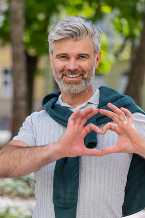 Caucasian middle-aged man makes symbol of love showing heart sign to camera, express sincere romantic positive feelings. Mature guy on urban city street park.の写真素材