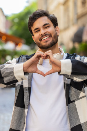 Indian man makes symbol of love, showing heart sign to camera, express romantic feelings, express sincere positive feelings. Outdoors in urban city street.の写真素材