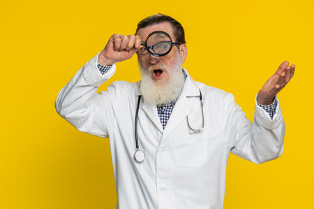 Investigator researcher scientist senior elderly doctor cardiologist man holding magnifying glass near face looking, searching, analyzing. Apothecary pharmacy grandfather isolated on yellow backgroundの写真素材