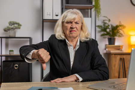 Dislike. Upset elderly businesswoman sitting at home office showing thumb down sign gesture, expressing discontent, disapproval, dissatisfied bad work. Displeased serious freelancer grandma in suit.の写真素材