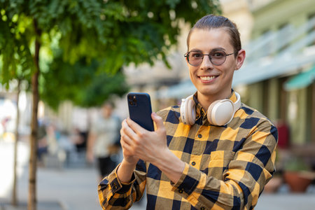 Happy smiling young man tourist using smartphone typing text messages browsing internet social media web app working chatting online outdoors. Guy in sunglasses stands on urban city street. Lifestylesの写真素材
