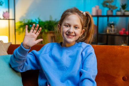 Young child girl smiling friendly at camera and waving hands gesturing hello, hi, greeting or...