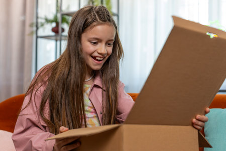Happy amazed young child kid girl unpacking delivery parcel. Surprised satisfied teen shopper,...