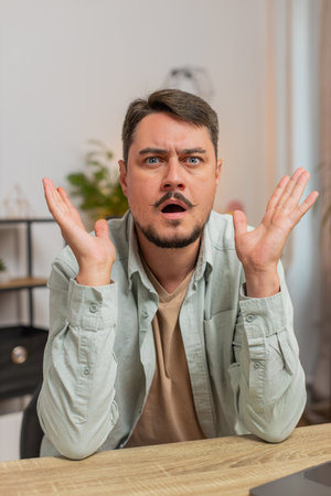 Shocked Caucasian young man watching looking at camera feeling hopelessness and loneliness, loses play game becoming surprised by lottery results, bad fortune, loss, unlucky news.の写真素材