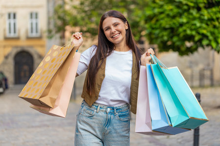 Happy smiling brunette young woman shopaholic consumer after shopping sale in mall with full bags with gifts outdoors. Girl tourist traveler in casuals walking in urban city street. Town lifestyles.の写真素材