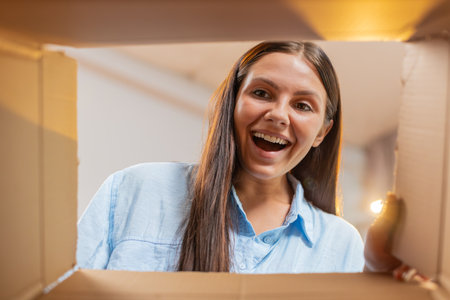 Happy woman unpacking delivery parcel at home. Smiling satisfied young girl shopper online shop customer opening cardboard box receiving purchase gift by fast postal shipping. View inside from the boxの写真素材
