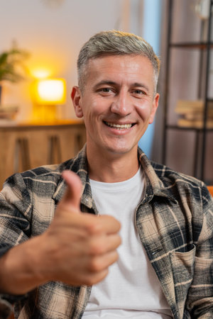Like. Happy young man looking approvingly at camera showing double thumbs up, like sign positive something, good news, positive feedback, win. Young Caucasian guy sitting on couch at home living room.の写真素材