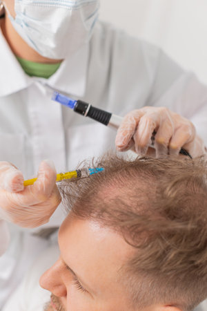 Alopecia. Man hair loss improve growth treatment regeneration, dermapen microneedling, vitamin exosomes plasma injections. Trichologist cosmetologist doctor head scalp procedure fractional mesotherapyの写真素材