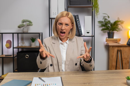 POV of mature businesswoman sits at home office desk talking on online communication video call with employee, boss, teacher. Caucasian freelancer woman support services looking at camera. Webcam viewの写真素材