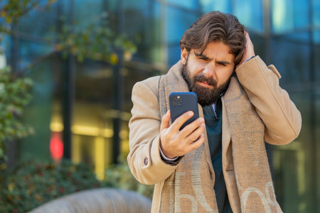 Upset unhappy Indian young man guy male using mobile smartphone bad connection losing fortune loss fail touch head why negative result outdoors. Hispanic businessman standing on downtown city street.の写真素材