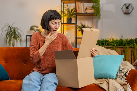 Happy Caucasian young woman unpacking delivery parcel sitting at home. Smiling satisfied girl...